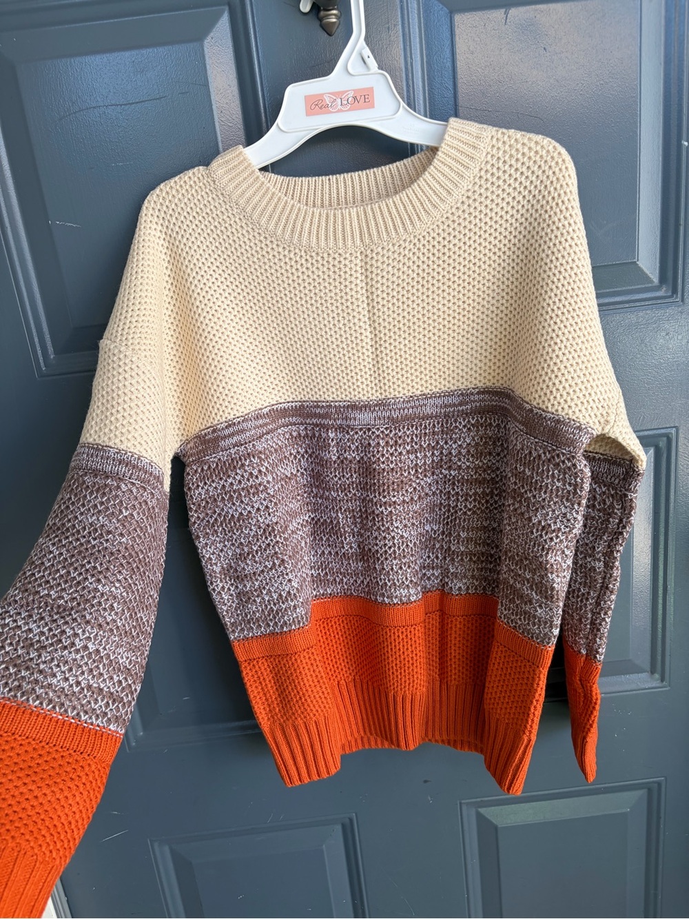 Colorblock Knit Crewneck Sweater in Cream, Brown & Orange